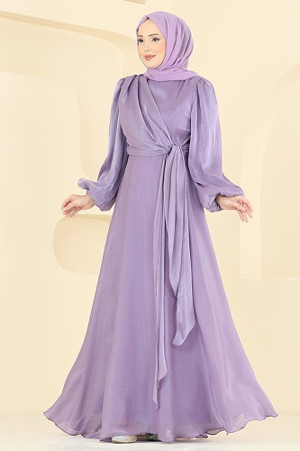 moda selvim فستان سهرة ليلكي 6219BSK463 - Thumbnail