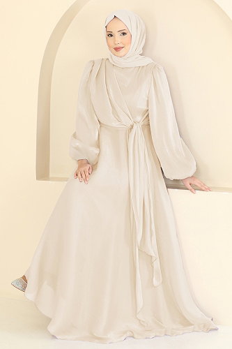 moda selvim فستان سهرة بيج 6219BSK463 - Thumbnail