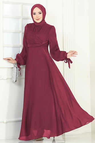 moda selvim Evening Dress 6220BSK463 Burgundy - Thumbnail