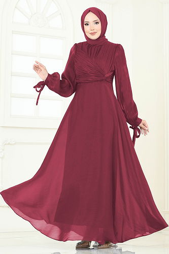 moda selvim فستان سهرة خمري 6220BSK463 - Thumbnail