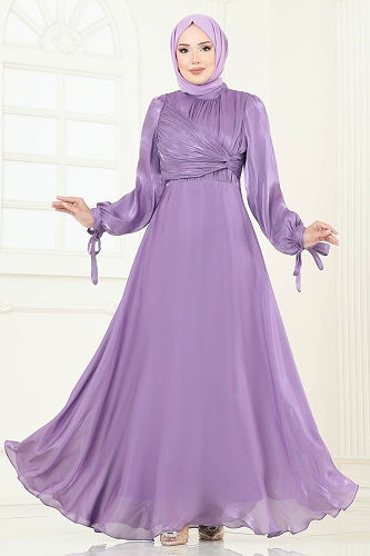 moda selvim فستان سهرة ليلكي 6220BSK463 - Thumbnail