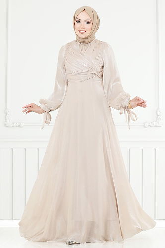 moda selvim فستان سهرة بيج 6220BSK463 - Thumbnail