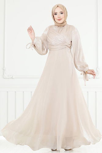 moda selvim فستان سهرة بيج 6220BSK463 - Thumbnail