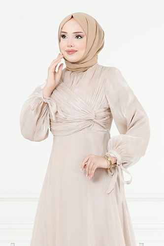 moda selvim فستان سهرة بيج 6220BSK463 - Thumbnail