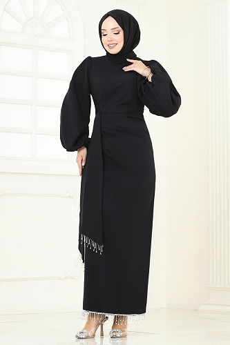 moda selvim فستان سهرة أسود 6225BSK463 - Thumbnail