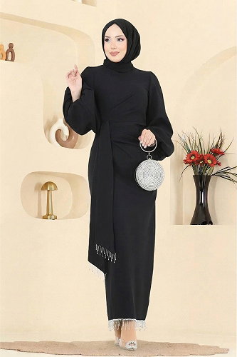 moda selvim فستان سهرة أسود 6225BSK463 - Thumbnail