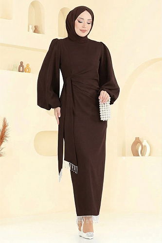 moda selvim فستان سهرة بني 6225BSK463 - Thumbnail