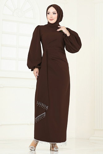 moda selvim Evening Dress 6225BSK463 Brown with Milk - Thumbnail