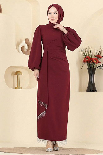 moda selvim Evening Dress 6225BSK463 Burgundy - Thumbnail