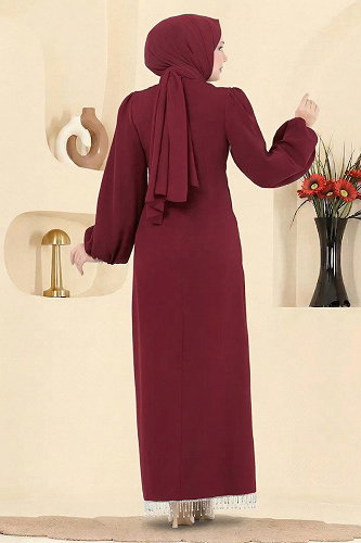 moda selvim Evening Dress 6225BSK463 Burgundy - Thumbnail