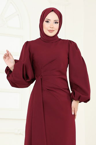 moda selvim فستان سهرة خمري 6225BSK463 - Thumbnail