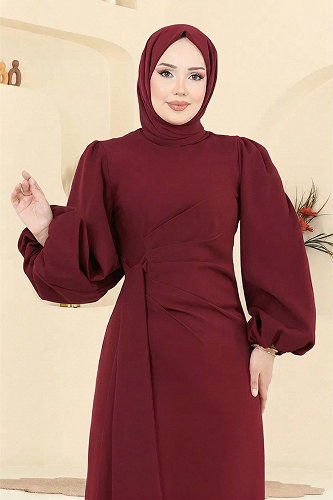 moda selvim فستان سهرة خمري 6225BSK463 - Thumbnail