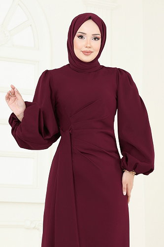 moda selvim فستان سهرة خمري 6225BSK463 - Thumbnail