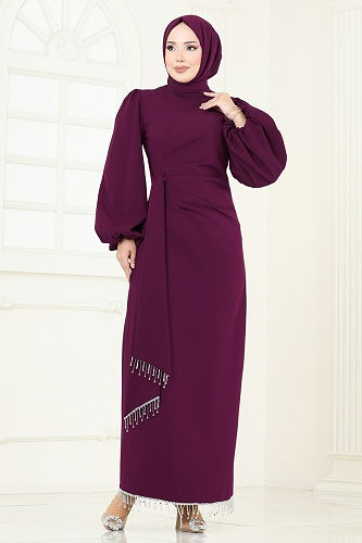 moda selvim Evening Dress 6225BSK463 Damson - Thumbnail