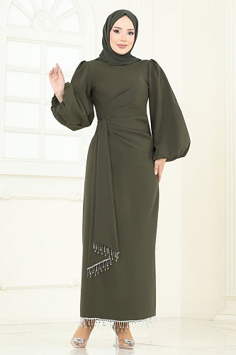 moda selvim Evening Dress 6225BSK463 Dark Khaki - Thumbnail
