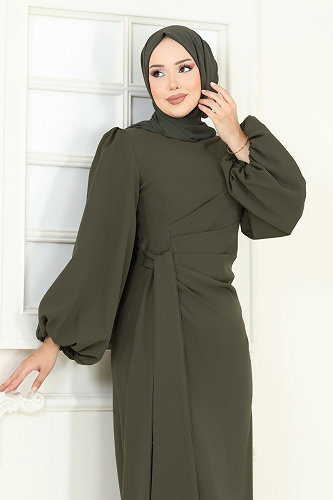 moda selvim فستان سهرة أخضر عفني غامق 6225BSK463 - Thumbnail
