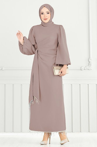 moda selvim فستان سهرة بيج غامق 6225BSK463 - Thumbnail