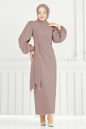 moda selvim فستان سهرة بيج غامق 6225BSK463 - Thumbnail
