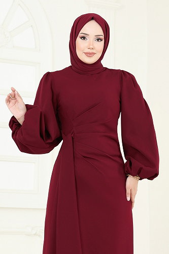 moda selvim فستان سهرة خمري 6225BSK463 - Thumbnail