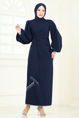 moda selvim Evening Dress 6225BSK463 Light Navy Blue - Thumbnail