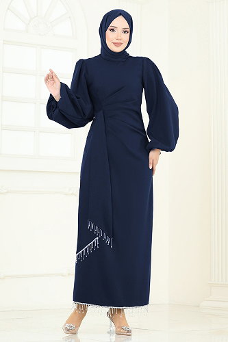 moda selvim فستان سهرة كحلي فاتح 6225BSK463 - Thumbnail