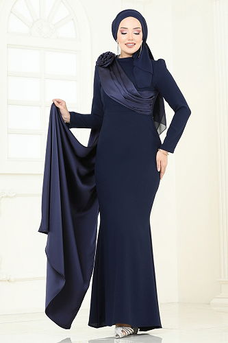 moda selvim فستان سهرة كحلي 6227BSK463 - Thumbnail