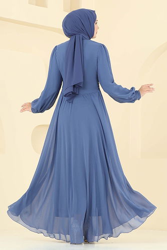 moda selvim Evening Dress 6238BSK463 Indigo - Thumbnail