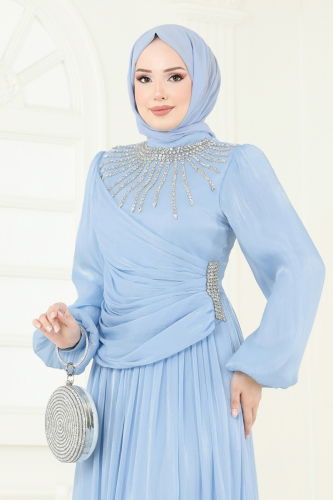 moda selvim فستان سهرة أزرق فاتح 6238LPN858 - Thumbnail