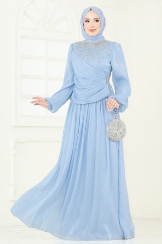 moda selvim فستان سهرة أزرق فاتح 6238LPN858 - Thumbnail