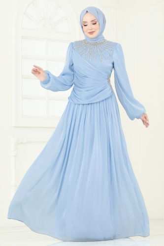 moda selvim فستان سهرة أزرق فاتح 6238LPN858 - Thumbnail