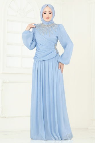 moda selvim فستان سهرة أزرق فاتح 6238LPN858 - Thumbnail