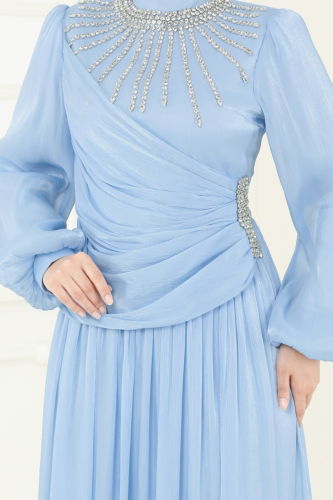 moda selvim فستان سهرة أزرق فاتح 6238LPN858 - Thumbnail