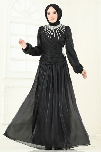 moda selvim فستان سهرة أسود 6238LPN858 - Thumbnail
