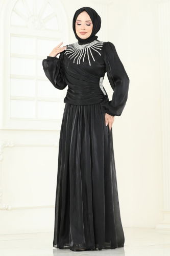 moda selvim فستان سهرة أسود 6238LPN858 - Thumbnail