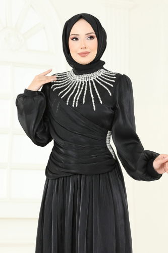 moda selvim فستان سهرة أسود 6238LPN858 - Thumbnail