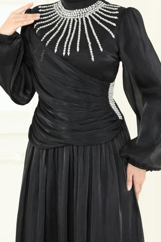 moda selvim فستان سهرة أسود 6238LPN858 - Thumbnail