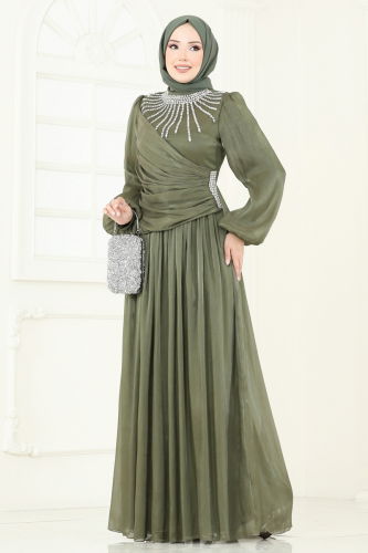 moda selvim فستان سهرة اخضر عفني 6238LPN858 - Thumbnail