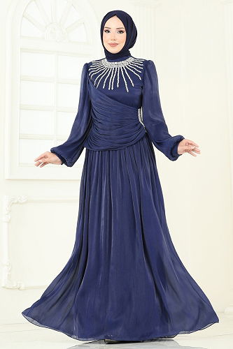 moda selvim Evening Dress 6238LPN858 Navy Blue - Thumbnail