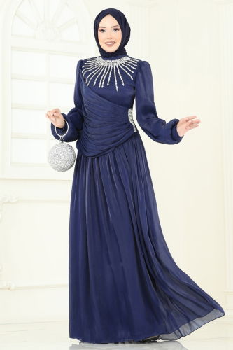 moda selvim فستان سهرة كحلي 6238LPN858 - Thumbnail