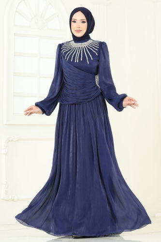 moda selvim فستان سهرة كحلي 6238LPN858 - Thumbnail