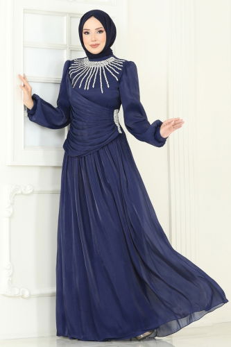 moda selvim فستان سهرة كحلي 6238LPN858 - Thumbnail