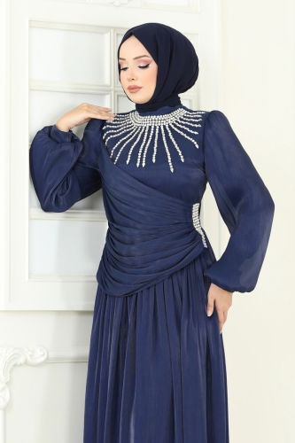 moda selvim فستان سهرة كحلي 6238LPN858 - Thumbnail