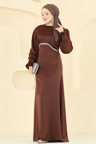 moda selvim Evening Dress 6247BSK463 Brown - Thumbnail