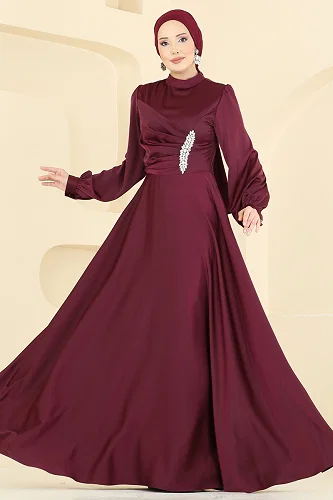 moda selvim Evening Dress 6261BSK463 Burgundy - Thumbnail