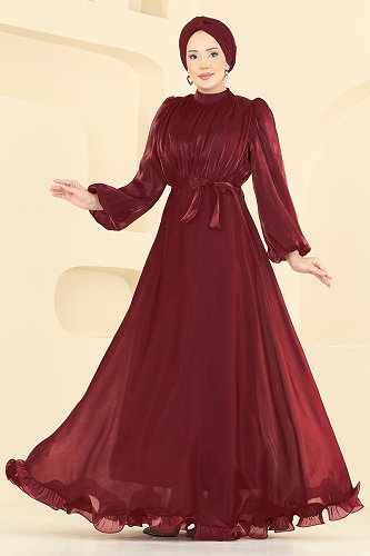 moda selvim فستان سهرة خمري 6278BSK463 - Thumbnail