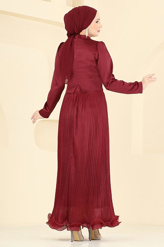 moda selvim Evening Dress 6281BSK463 Burgundy - Thumbnail