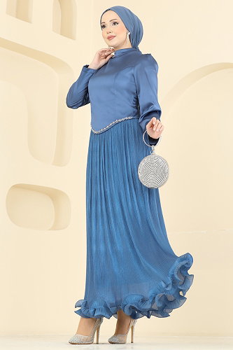 moda selvim Evening Dress 6281BSK463 Indigo - Thumbnail