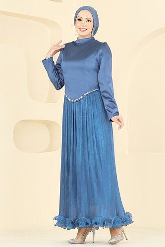 moda selvim Evening Dress 6281BSK463 Indigo - Thumbnail