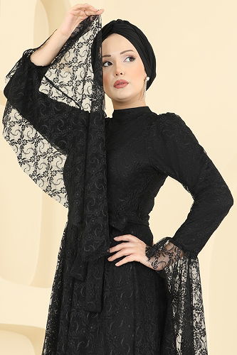 moda selvim Evening Dress 6294BSK463 Black - Thumbnail