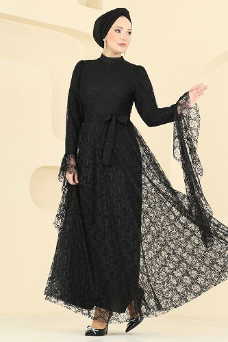 moda selvim فستان سهرة أسود 6294BSK463 - Thumbnail